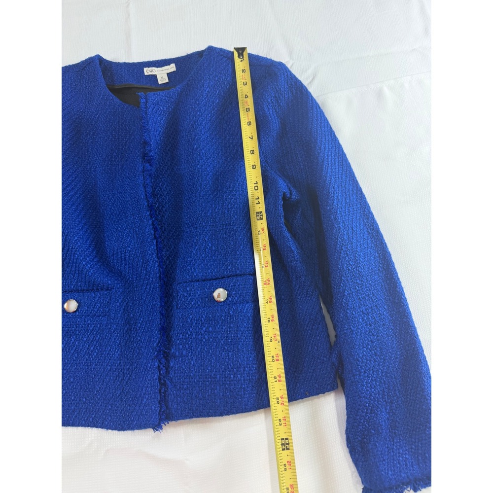 Cato Royal Blue Tweed Jacket Womens XL Open Front Frayed Trim Cropped Blazer - Picture 3 of 9